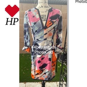 BCBGMaxazria 100% Silk Watercolor Brushstroke Blue Print 3/4 Sleeves Dress Sz 6